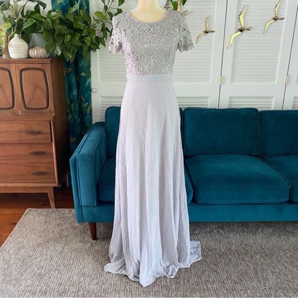 Maniju Lulus Savannah Days Short Sleeve Open Back Gown Maxi Dress Grey Gray New - Picture 3 of 16